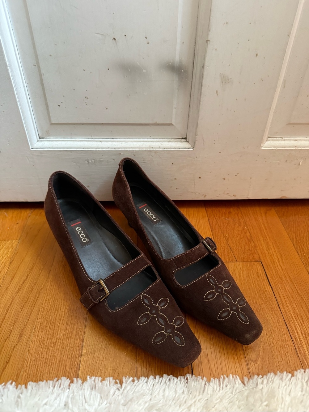 Ecco Brown Suede Mary Jane Flats with Floral Stitching